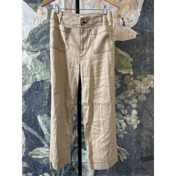 New Anthropologie The Colette Contrast-Stitch Linen Crop Wide-Leg Pants by Maeve - Picture 6 of 8